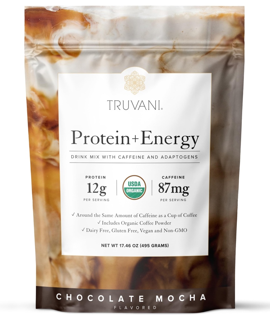 Truvani Protein + Energy Drink Mix med 87mg Kaffepulver 124; Chocolate Mocha • 124; 12g Organic Plant Based Protein • 124; 20 Servere • 124; USDA Organic Coffee Powder & Adaptogens • 124; Gluten & Dairy Free • 124; Vegan