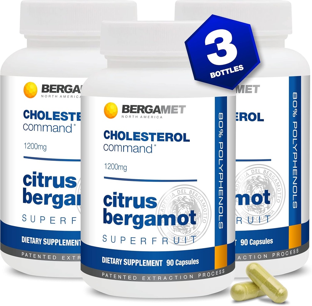 Cholesterol Command, Citrus Bergamot Superfruit Supplement, 47% Bergamot Polyphenol Fraction (BPF) Patenteret formel, Lavet i USA, 3 måneder, 270 kapsler - 3 flasker