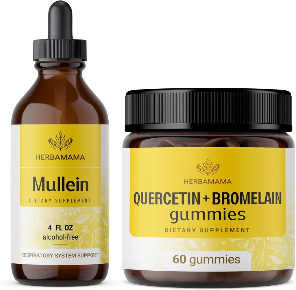 HERBAMAMA Mullein Leaf Extract og Quercetin Gummies Kit - Bundle of Mullein Leaf Drops 4 fl oz og 800 mg Quercetin med Bromelain Gummies - Vegan, Non- GMO, Alkohol- Free - 2 Pack