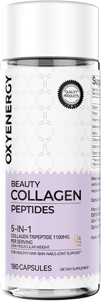 OxyEnergy collagen peptider kapsler til kvinder, 1100mg hydrolyseret collagen tripeptider (type I) Kosttilskud med biotin og C-vitamin, 180 collagen piller til fremme af hår, negle, hud, 2 måneder forsyning