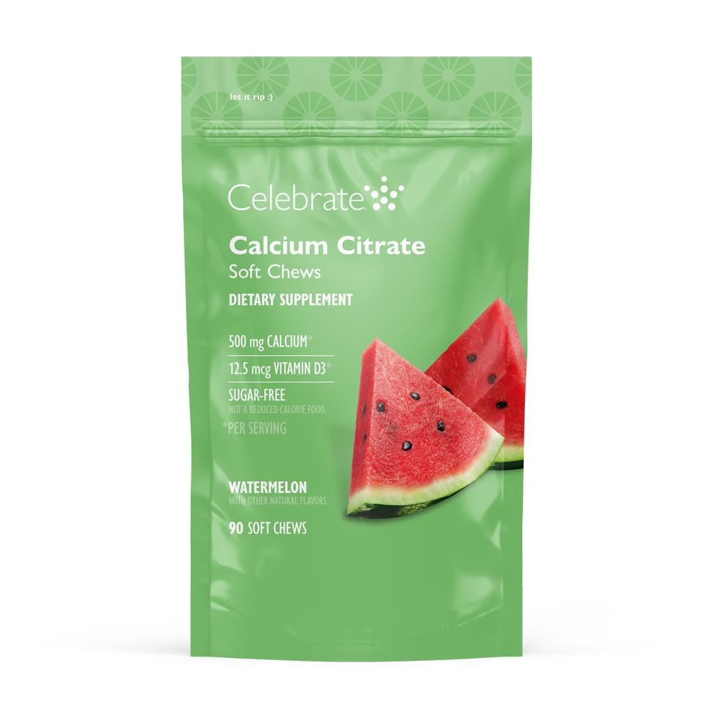 Celebrate Vitamin Bariatric 500 mg Calcium Citrate Soft Chews med 500 IE D3 Vitamin - Essential for Gastric Bypass Patienter & Knoglehelbred - Sugar & Gluten Free, Melon (90 Chews)