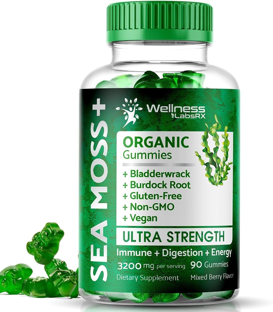 WELLENess LASSRX Sea Moss Gummies, 3200mg Irish Sea Moss blandet berry flavor med maksimal potens Bladderwrack og Burdock Root - understøtter hud, energi og immunitet - 90 Greve