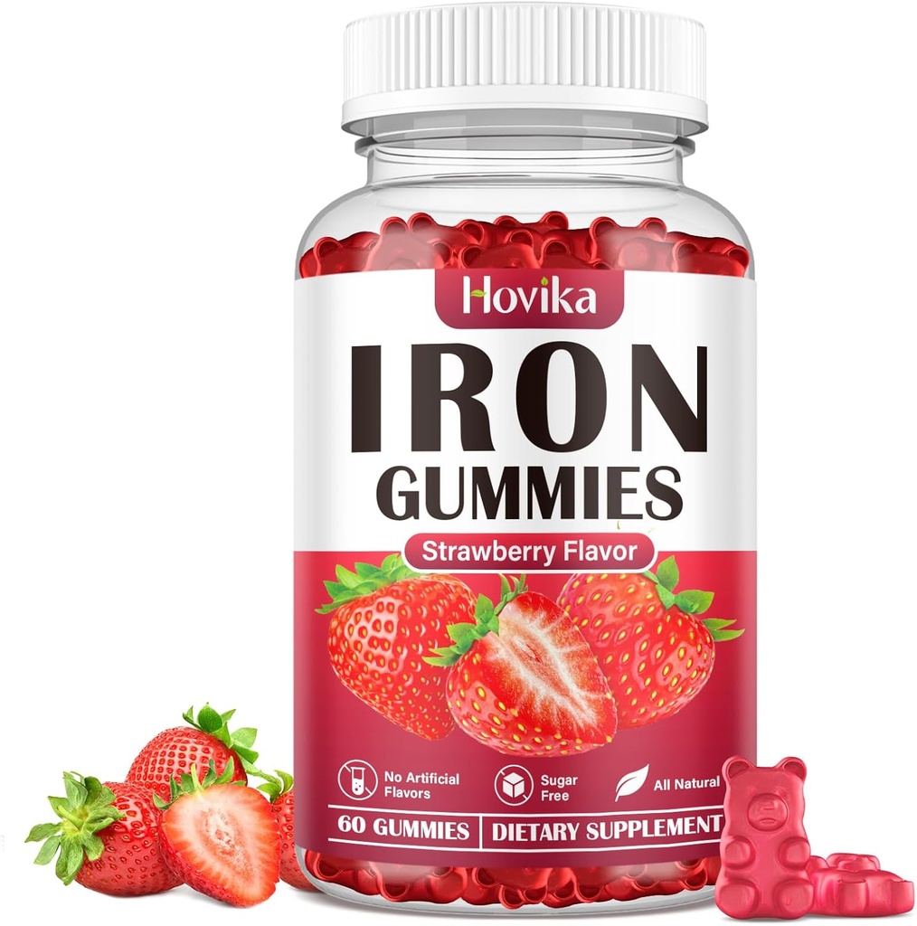 Iron Gummies Supplement for kvinder & mænd, Kids Iron Supplements for Anæmi med C-vitamin, B12, Folate - Blood Builder & Energy Support for Iron Deficiency - Sukker Free Strawberry Flavor, 60 Gummies