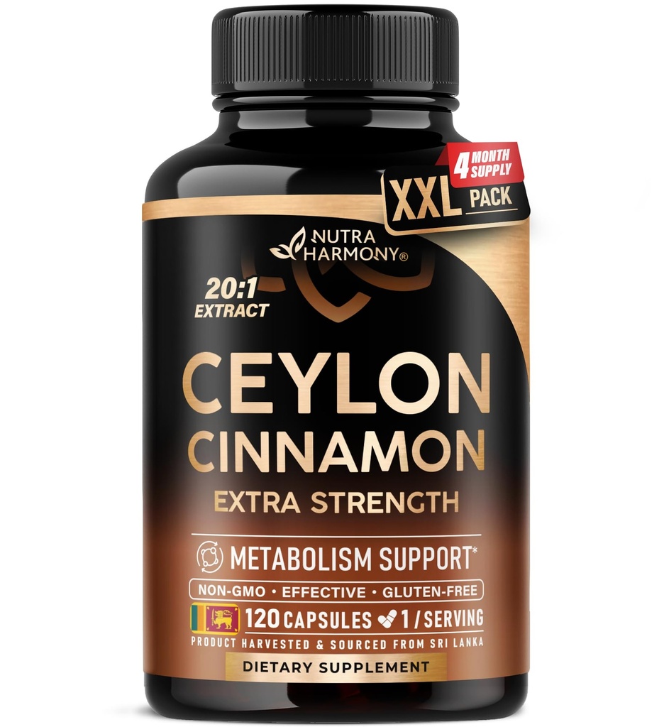 Ceylon Kanel kapsler - Ekstra styrke - Energi, hjerte og stofskifte support - for mænd og kvinder - Pure Natural Extract 20: 1 Supplement - Made in USA - GMO & Gluten Free, 120 Kapsler, 4 Måned Supply