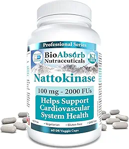Bio Absorb Nattokinase supplement. Non- GMO Nato Extract Enzyme. 100 mg, 2000 FU. 60 Veggie Caps (60- Day Supply)