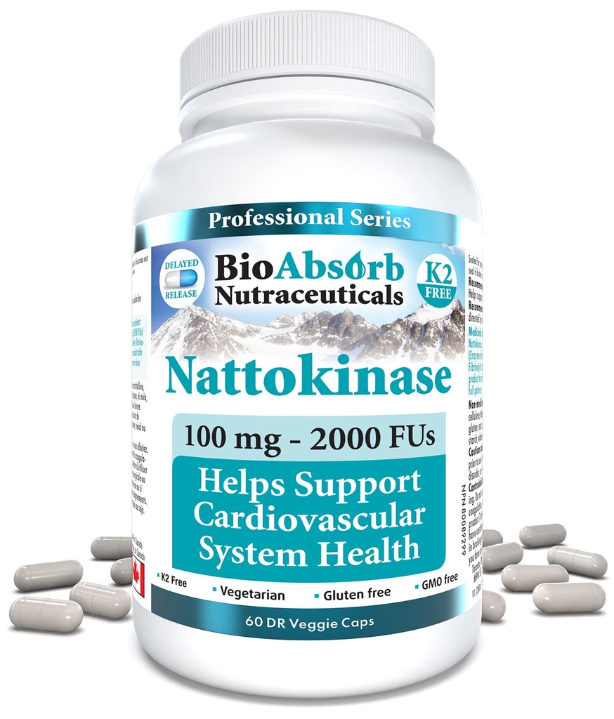 Bio Absorb Nattokinase supplement. Non- GMO Nato Extract Enzyme. 100 mg, 2000 FU. 60 Veggie Caps (60- Day Supply)