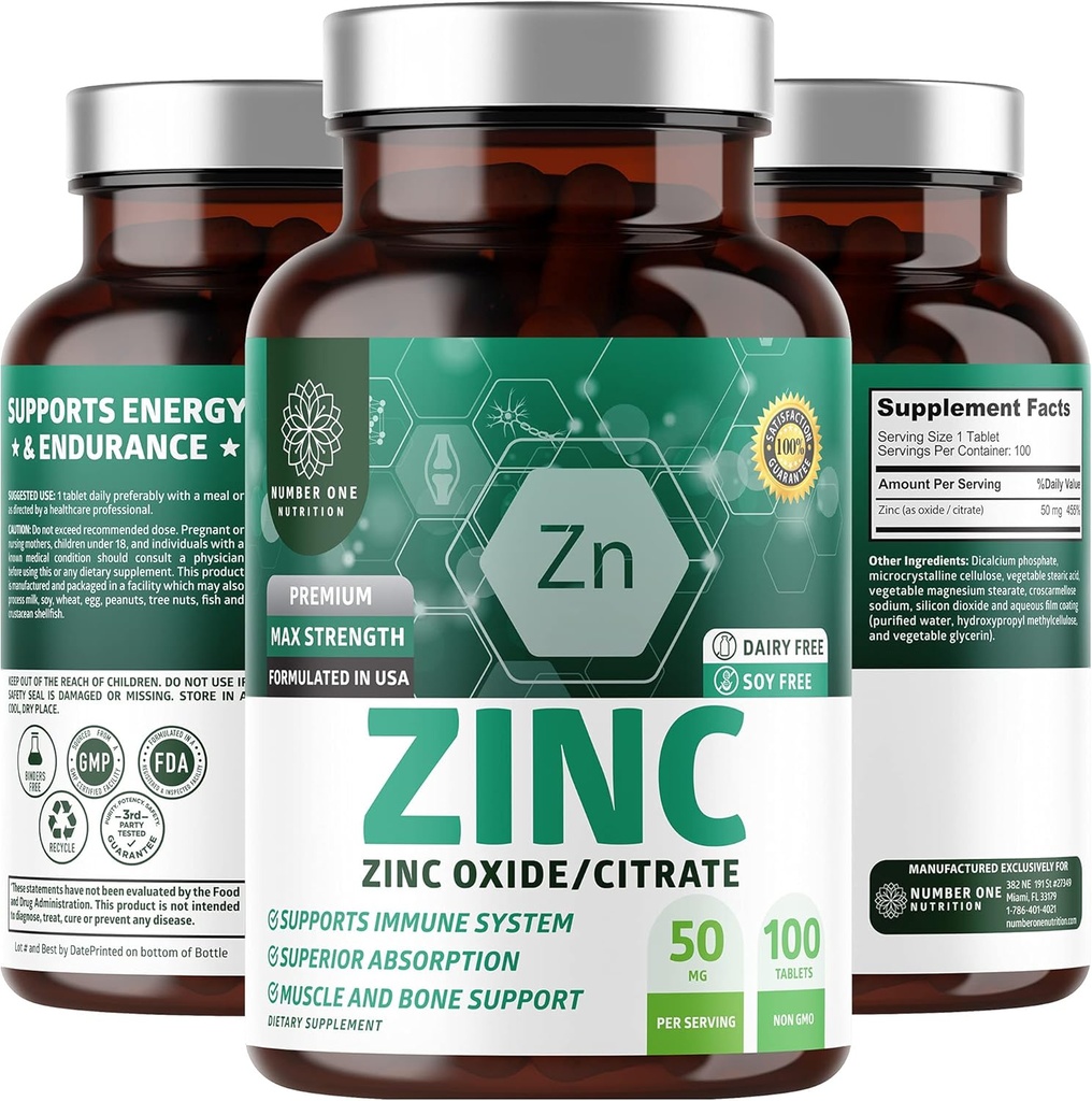 N1N Premium Zink 50mg [3X Absorption, Vegan] Alle naturlige zinkoxid og citrat supplement til immunforsvar, hud sundhed og bedre fordøjelse, 100 tabletter