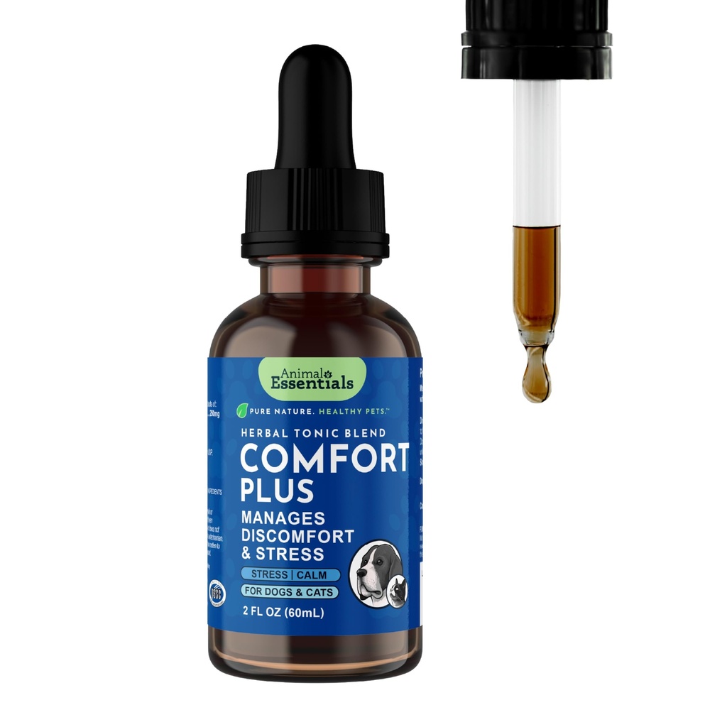 Animal Essentials Comfort Plus til hunde & katte - Calming Liquid, Pet Calming Drops, Herbal Formel, California Poppy, Skullcap - 2 Fl Oz
