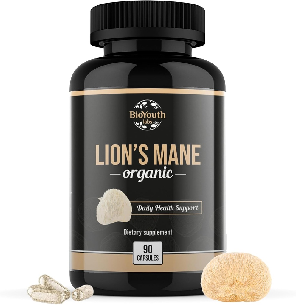 Organic Lions Mane Brain Support Kosttilskud Premium Lions Mane Mushroom Extract - 90 kapsler