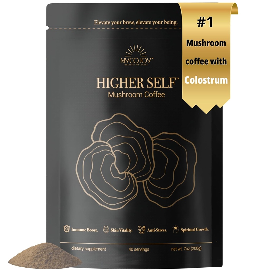 HIGHER SELF ™ Mushroom Coffee Ultimate Focus & Immunity Support Blend med 40% IgG Colostrum, Organic Arabica, Lions Mane, Reishi, Chaga, L- Theanine og Frankincense for immunsupport, Focus, Energy, Mood og Gut Health. 40 portioner