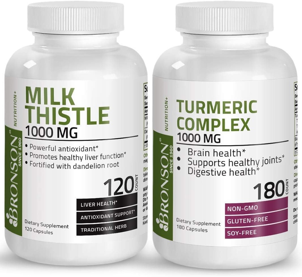 Bronson gurkemeje med BioPerine High Potency Joint Support + Milk Thistle 1000mg Silymarin Marianum & Dandelion Root