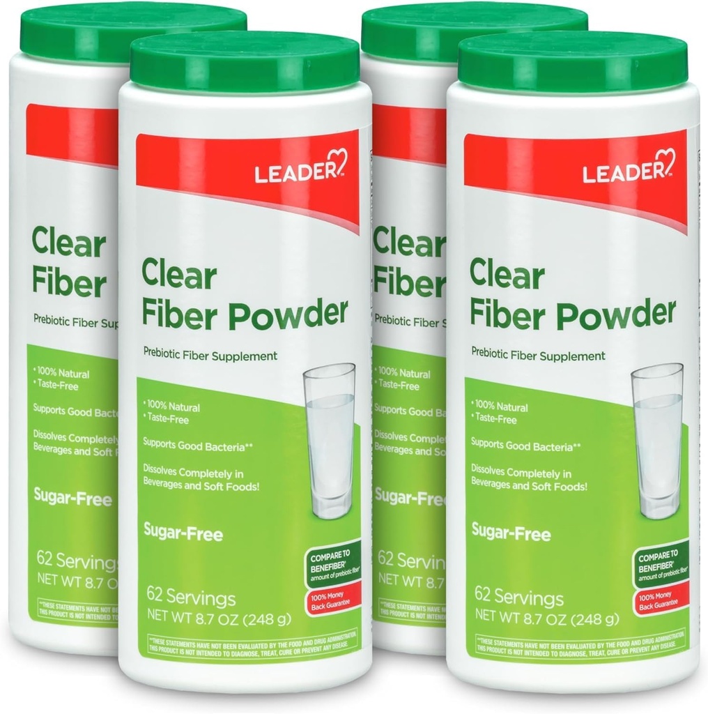 Leader Prebiotic Fiber Supplement Pulver til fordøjelse, 100% Natural Daily Fiber Powder, Sugar- Free, Taste- Free, Gluten Free, Non- GMO, Unflavored, 62 Servere (8.7 OZ) (Pack of 4)