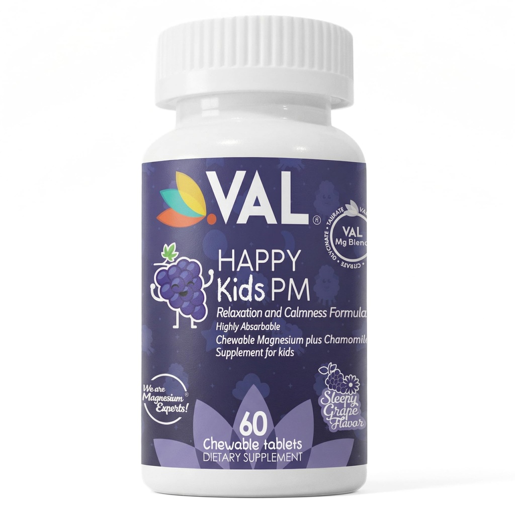 VAL Kids PM Magnesium Gummies | Sugar-Free Chewable Tablets with Chamomile, Magnesium Glycinate + Citrate + Taurate | Vitamin B6 & C | Natural Grape Flavor | Sleep & Calm Support | 60 Ct | Ages 4+