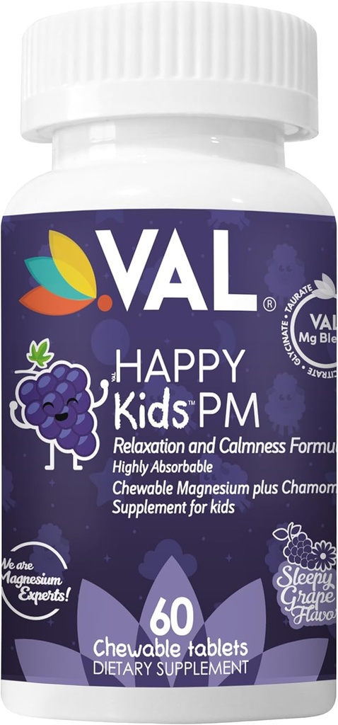 VAL Kids PM Magnesium Gummies Note 124; Sugar- Free Chewable Tablets with Chamomile, Magnesium Glycinate + Citrate + Taurate Dex124; Vitamin B6 & C Dex124; Natural Grape Flavor Dex124; Sleep & Calm Support
