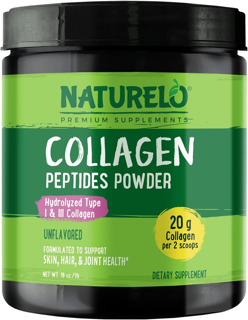 NATURELO Collagen Peptid Powder, Hydrolyzed Collagen Type I & III, Huden hår & fælles sundhed - Unflavored, 16 Ounces