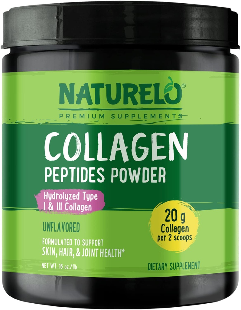 NATURELO Collagen Peptid Powder, Hydrolyzed Collagen Type I & III, Huden hår & fælles sundhed - Unflavored, 16 Ounces
