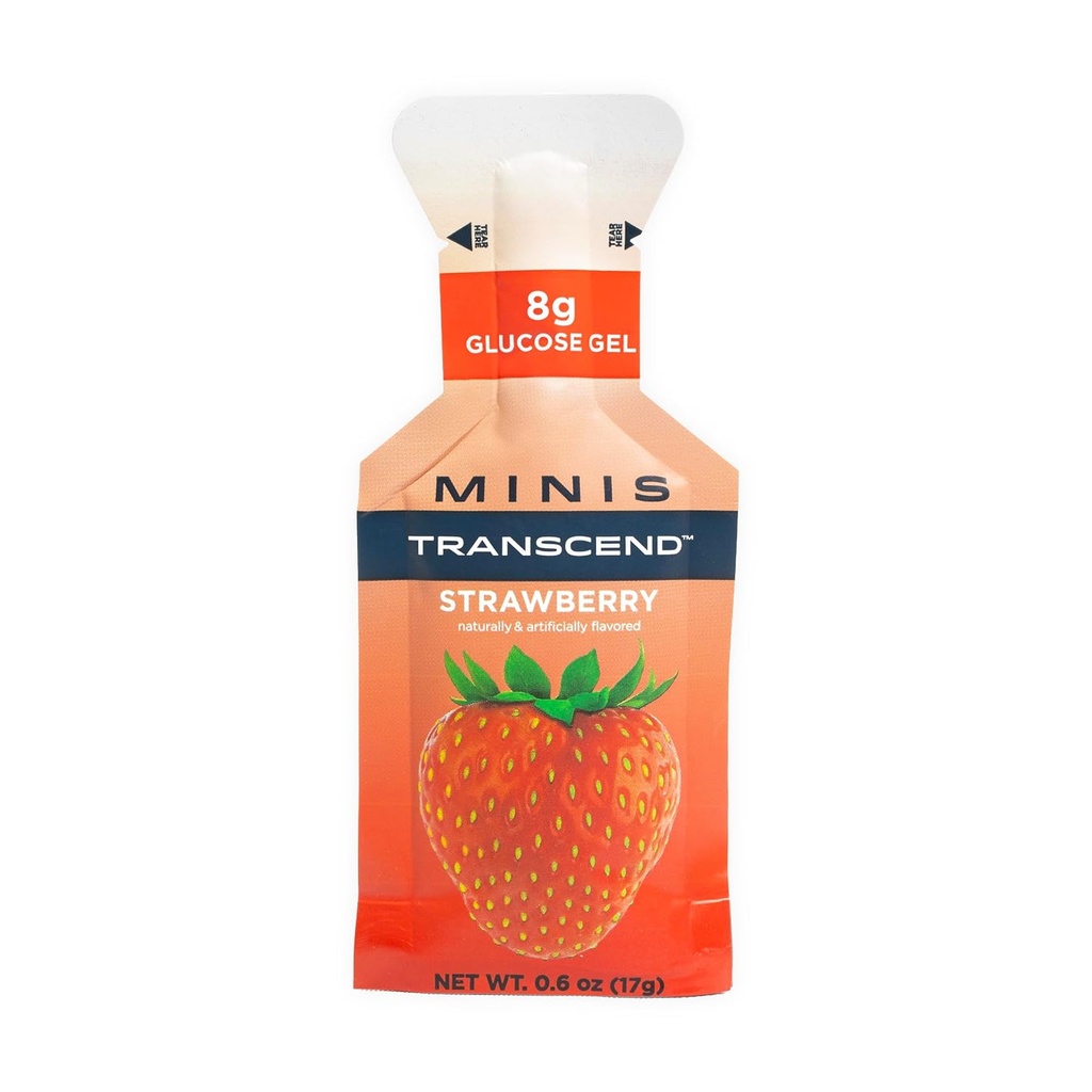 Transcend Foods Mini Strawberry Gel (.6 oz, Pack of 12) Fast- Fungerende Carb Gel Strawberry Flavor - Rejsestørrelse, Koffein fri, Gluten fri