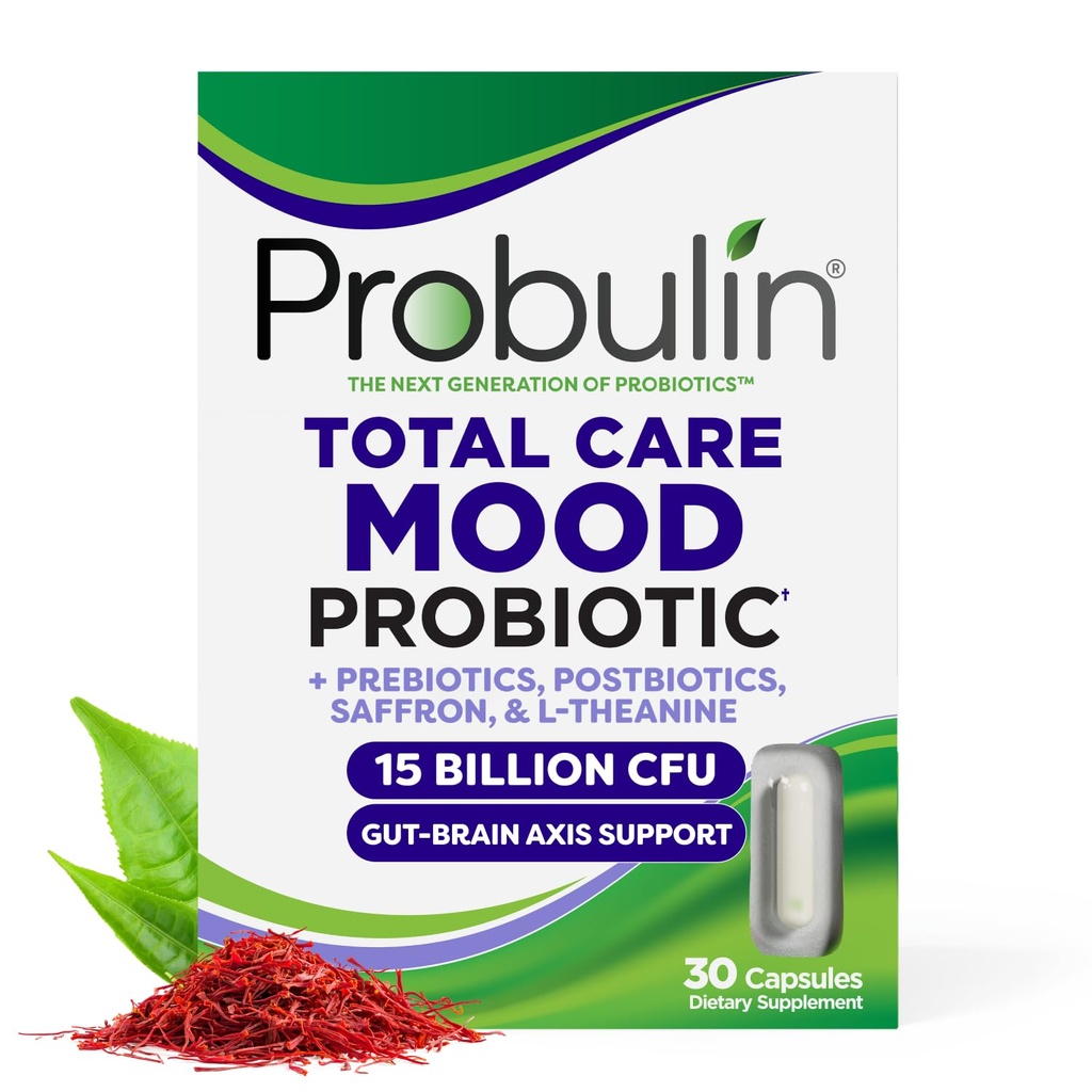 Probulin Mood Probiotika til kvinder med safran, L Theanin, Probiotic, Prebiotic, Postbiotic - Mood Support & Gut Support - Vegan, Non GMO, 30 Kapsler