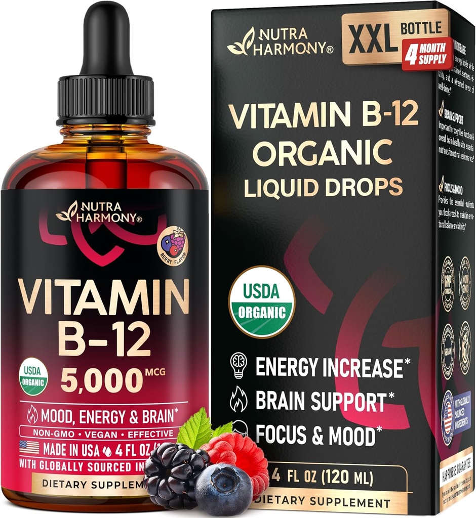 USDA Organic Vitamin B12 Sublingual Drops - 5000 mcg Liquid Vegan Methylcobalamin til kvinder & mænd - Energy Boost, Focus & Food, Brain Health Support - Maksimere Absorption - 4 måneder Tilgang, 4 fl oz