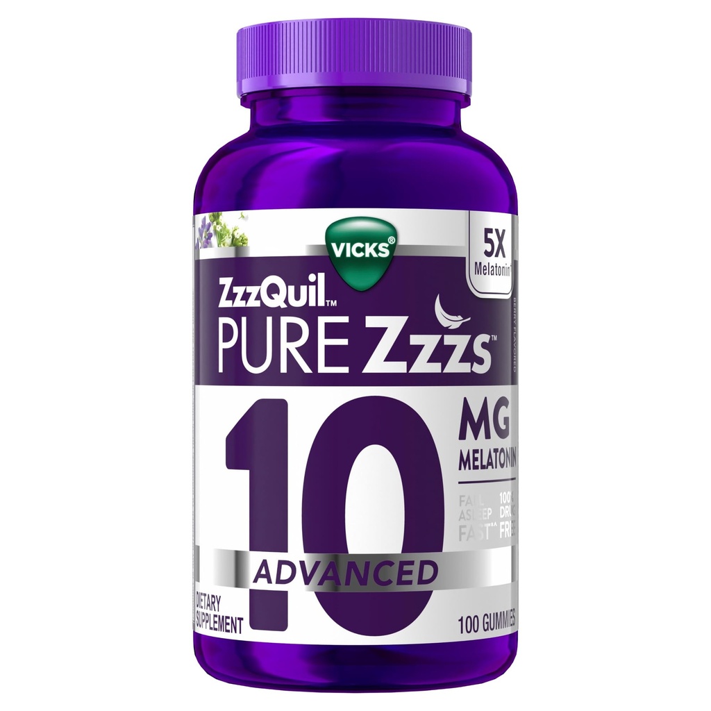 ZzzQuil Pure Zzzs Advanced Melatonin Gummies, Melatonin 10mg, Sleep Aid, med Kamille & Lavender, Melatonin Sleep Gummies, Sleep Aid til voksne, Berry Flavored, 100 Sleep Gummies