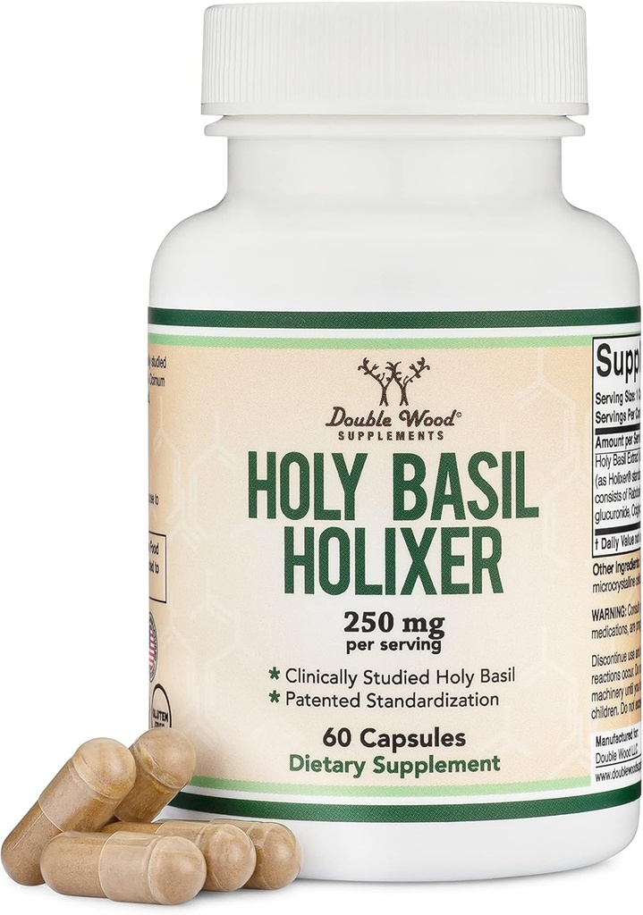 Tulsi Holy Basilikum Kapsler (Holixer Formel) - Verdens eneste klinisk undersøgt Holy Basil Leaf Extract (Klinisk viste resultater efter 60 dages brug) for Mood og Afslapning af Dobbelt Træ