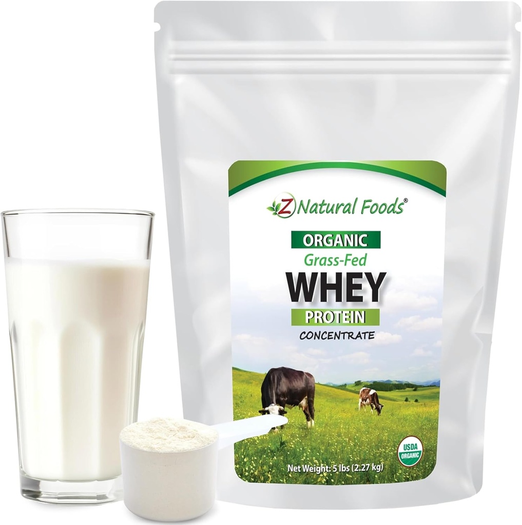 Z Natural Foods Organic Whey Protein Concentrate - Nutrient-Dense Grass Fed Whey Protein Powder - Cold Processed Pure Whey Protein with Essential Amino Acids for Nutrition & Fitness, Unflavored, 5 lbs