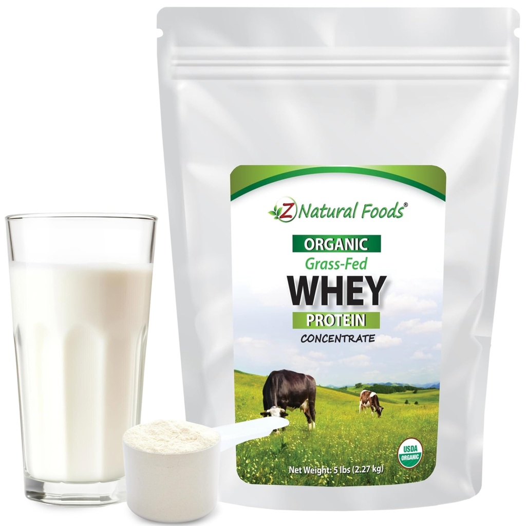 Z Naturlige fødevarer Økologisk Whey Protein Koncentrat - Nutrient- Dense Grass Fed Whey Protein Powder - Cold Forarbejdede Pure Whey Protein med essentielle Aminosyrer til ernæring & Fitness, Unflavored, 5 lbs