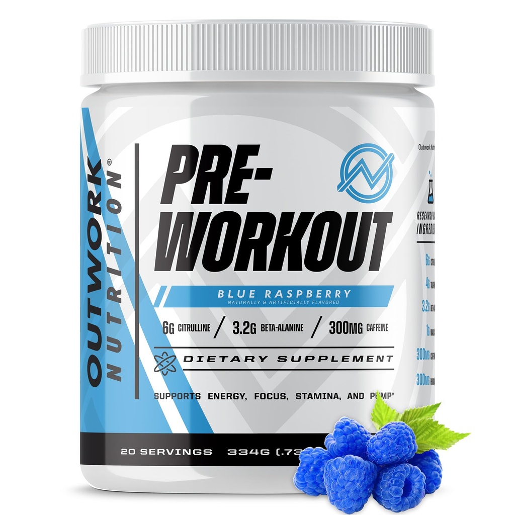 Outwork Nutrition Fortræning for mænd og kvinder - Nootrop Pre Workout uden Creatin, Pre- Workout Pulver med Taurine Rhodiola Citrullin Malat Beta Alanine Koffein (Blå Hindbær)