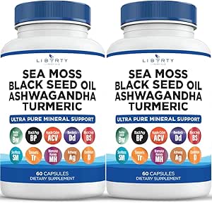 Sea Moss Black Seed Oil Ashwagandha Turmeric Bladderwrack Burdock - with Manuka, Honey Dandelion, ACV Black Pepper Gluten Free - 2-Pack