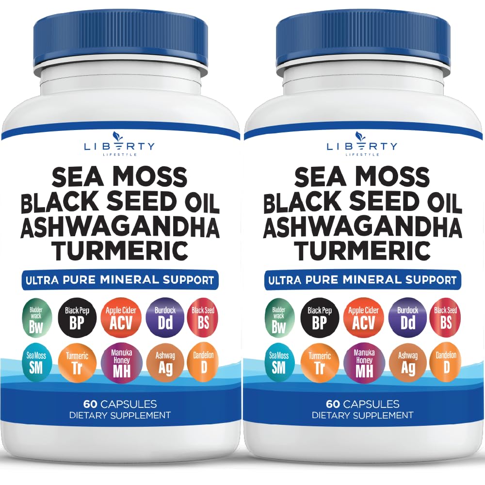 Sea Moss Black Seed Oil Ashwagandha Turmerisk Bladderwrack Burdock - med Manuka, Honning Mælkebøtte, ACV Black Pepper Gluten Free - 2 -Pack