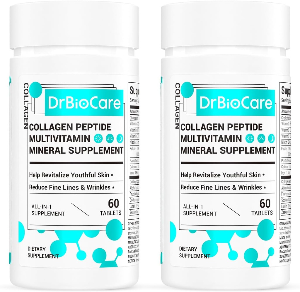 DrBioCare collagen peptider til kvinder, skønhed Vitamin & Mineral supplement, indeholder vitamin D3, Probiotika til kvinder & Collagen peptider, vitamin B kompleks, vitamin E 120 tabletter