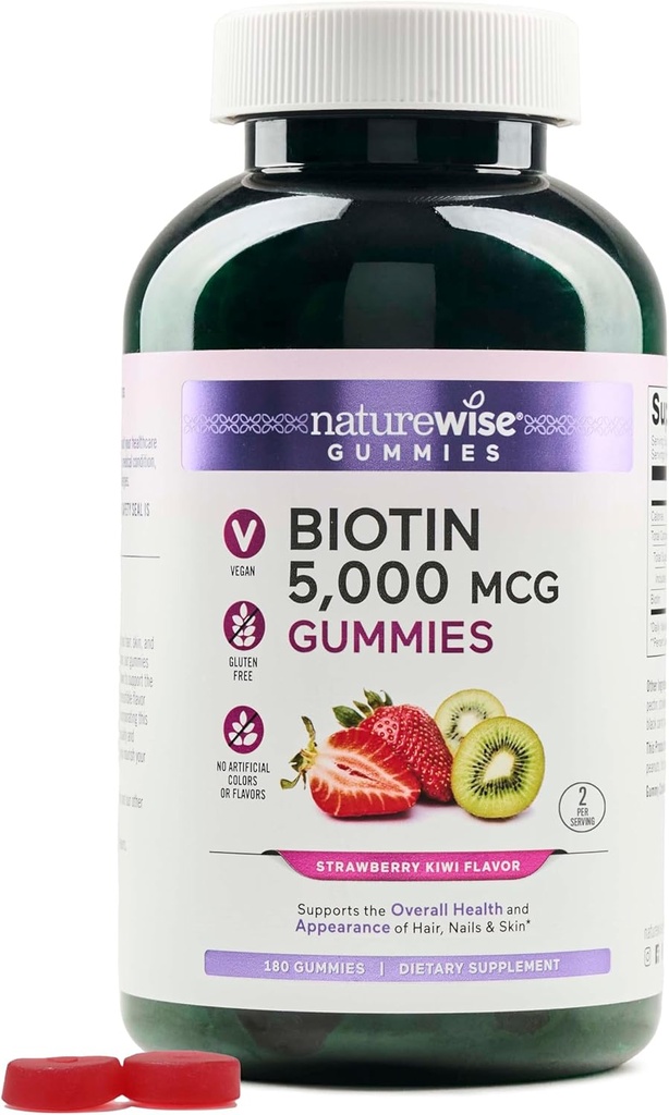 NatureWise Biotin Gummies - Understøtter sundt hår, hud og stærke negle - vitamin B7 5000mcg - Natural Beauty - Strawberry- Kiwi Flavor - Vegan, Non- GMO, Gluten Free - 180 Greve [90 Day Supply]