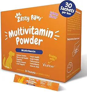Zesess Paws 10- in-1 Hund Multivitamin - Gut, Immun, Joint, Hud & Coat Support, og mere - Hund Vitamin og Kosttilskud pulver - Pet Kosttilskud med Omega Fish Oil & VitaFiber - Salmon - 30 Ct