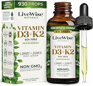 LiveWise Naturals Vitamin D3 med K2 Liquid Drops, All Natural, Non- GMO, USA Made, 1208 IE Vitamin D3 & 25 mcg K2, Understøtter ben sundhed og energi niveauer, Infunderes med pebermynte, Olive, og MCT olie