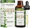 LiveWise Naturals Vitamin D3 med K2 Liquid Drops, All Natural, Non- GMO, USA Made, 1208 IE Vitamin D3 & 25 mcg K2, Understøtter ben sundhed og energi niveauer, Infunderes med pebermynte, Olive, og MCT olie