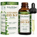 LiveWise Naturals Vitamin D3 med K2 Liquid Drops, All Natural, Non- GMO, USA Made, 1208 IE Vitamin D3 & 25 mcg K2, Understøtter ben sundhed og energi niveauer, Infunderes med pebermynte, Olive, og MCT olie