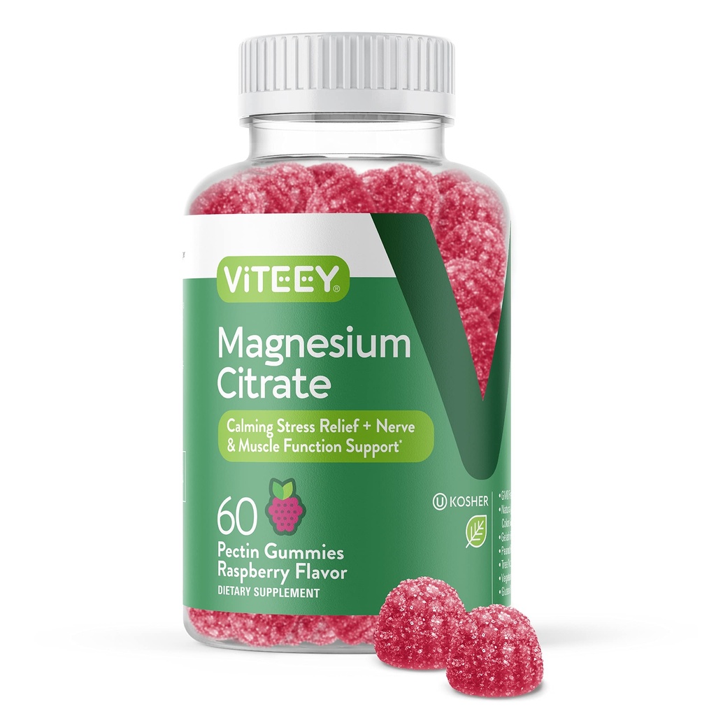 Viteey Magnesium Gummies for Adults - 66mg of Magnesium Citrate Gummy | for Calm, Sleep, Nerve & Muscle Function Support - Vegetarian, Gluten Free - 60 Count