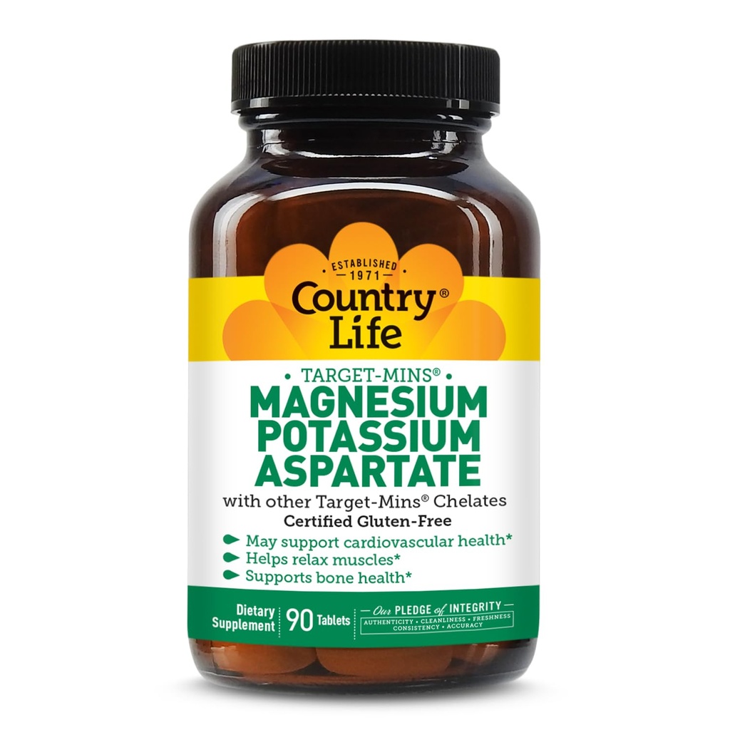 Country Life Target- Mins Magnesium Kalium Aspartat, 600 mg / 198mg, 90 tabletter, Certificeret Gluten Free, Certificeret Vegan