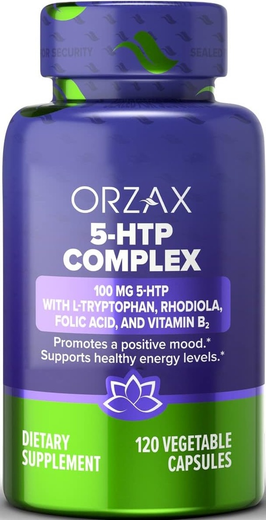 ORZAX 5- HTP 200mg Supplement kapsler med L- Tryptophan, Rhodiola, vitamin B2, og folinsyre - understøtter Vitality og Indre Fred Kosttilskud 100mg 5htp Per Servering, 120 kapsler