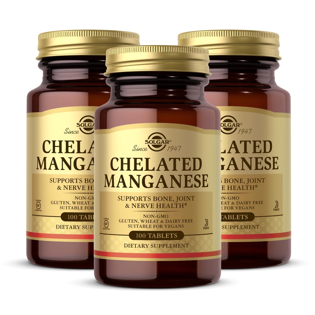 Solgar Chelated Mangan - 100 tabletter, Pack of 2 - Understøtter Bone, Joint & Nerve Sundhed - Non-GMO, Vegan, Gluten Free, Dairy Free, Kosher - 200 Total Servering