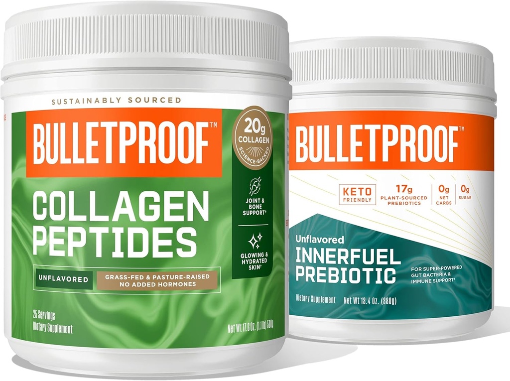 Bulletproof Duo Kit Budd124; Collagen Peptider Protein Powder for Skin, Bones and Joints - 18g Protein, 17.6 Oz & InnerFuel Prebiotic Fiber Powder for Gut, Gas Relief, fordøjelsessygdomme og immunforsvar