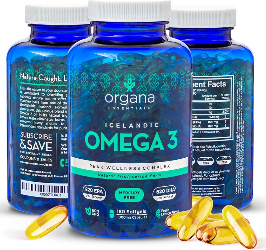 Omega 3 Fish Oil 2,000 mg - High EPA 820 mg + DHA 620 mg - 180 Triple Strength Burpless Lemon Flavored Softgels