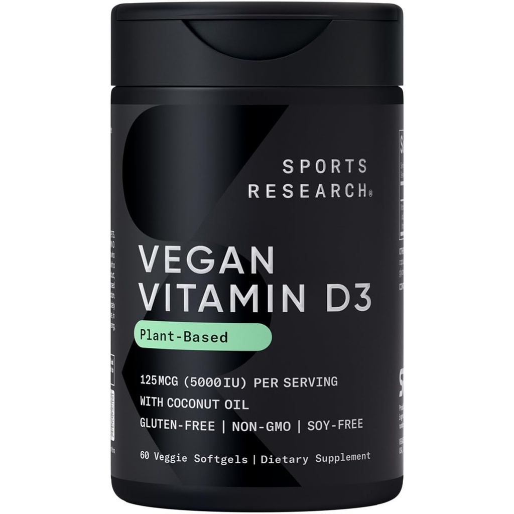 Sports Research Vegan Vitamin D3 5000IE (125 mcg) med kokosolie 124; 100% Plantbaseret D-vitamin til ben, fælles & immunforsvar 124; Carrageenan Free, Vegan Certified & Non- GMO Verified (60 Softgels)