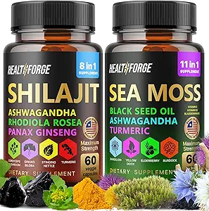 Shilajit, Ashwagandha Capsules & Sea Moss Capsules Black Seed Oil Capsules Ashwagandha, Turmerisk - Shilajit til kvinder mænd immunforsvar Rhodiola Rosea, Shilajit 60 Kapsler & Sea Moss 60 Kapsler Set