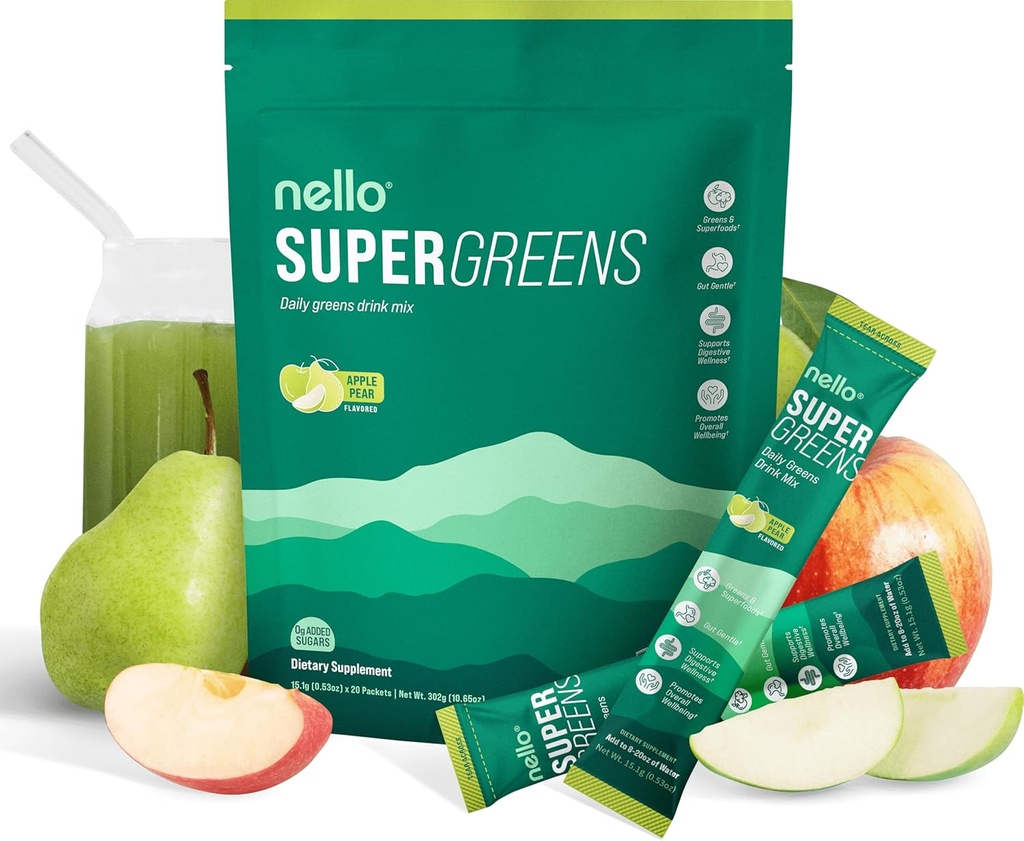 Nello Supergreens Superfood Drink Mix med Chlorella, Moringa, Spinach, Broccoli, fordøjelsesenzymer, og Probiotika - Apple Pære Flavor, 20 Servere, Travel Pack