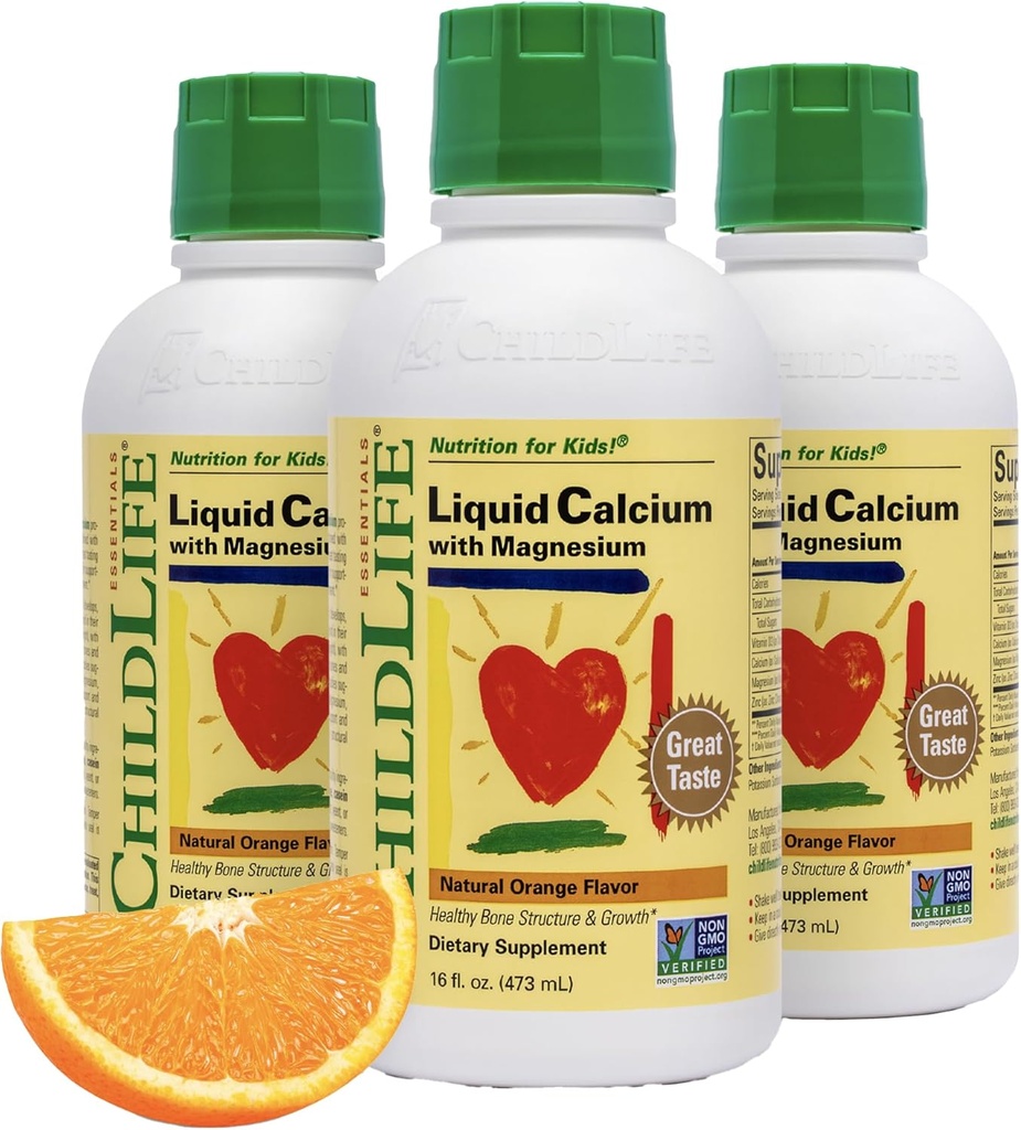 ChildLife Essentials Liquid Calcium supplement til børn - Baby Calcium med magnesium, zink, og vitamin D3 - Orange Flavor, 16 fl oz (3 Pack)
