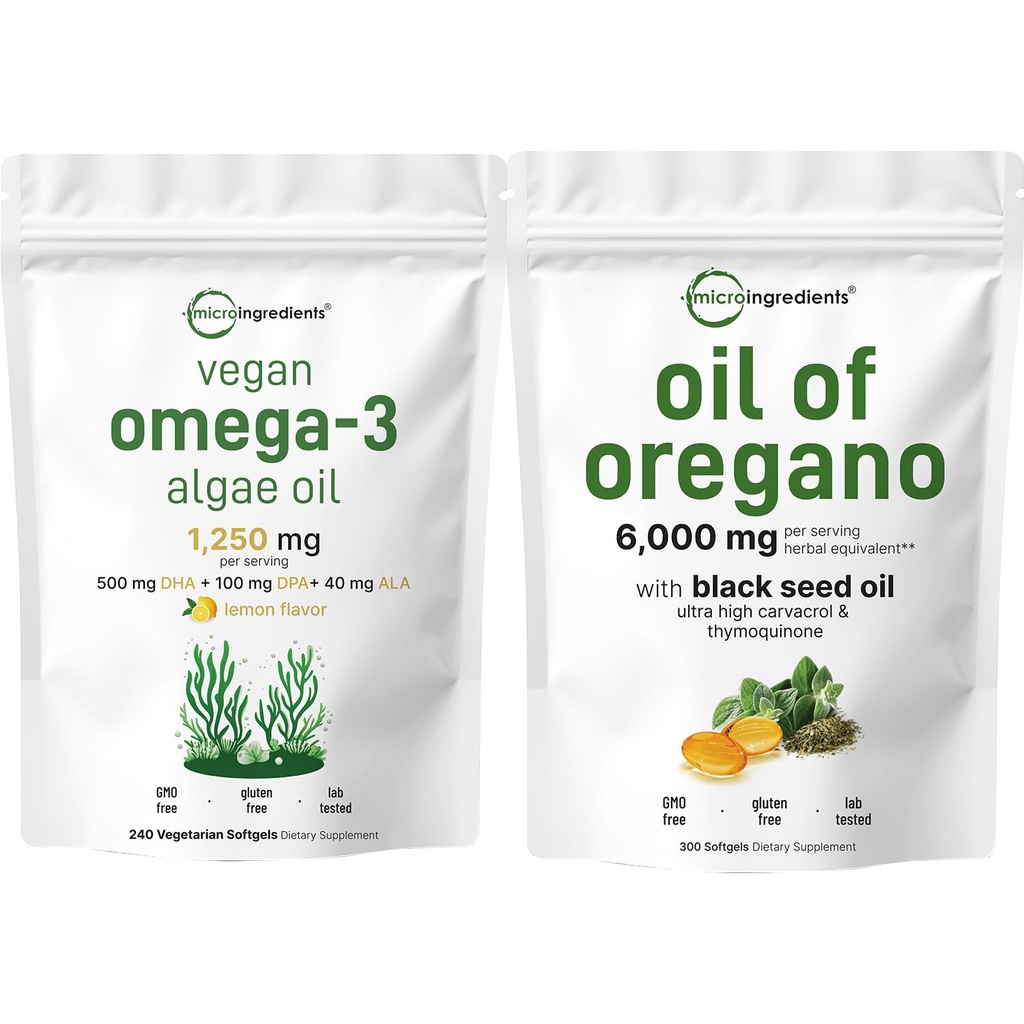 Micro Ingredients Oil of Oregano Softgels 300 Count & Vegan Omega 3 Algae Oil Supplement Bundle 2 Pack- 124; Carvacrol & Thymoquinone - 124; Full Spectrum Omega-3 Alternativ