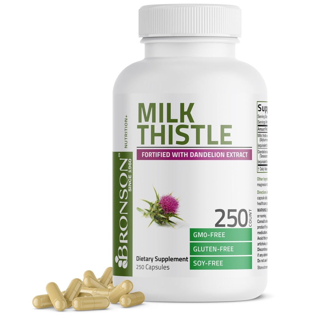 Bronson Milk Thistle Silymarin Marianum & Mælkebøtte Root Lever Health Support, Antioxidant Support, Detox, 250 Kapsler