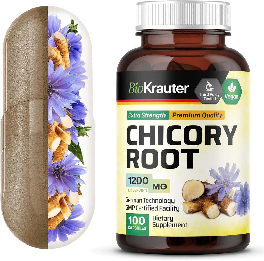 BIO KRAUTER Chicory Fiber Supplement - 1200 mg Styrke - 100 Greve - Chicory Root Powder - Inulin kapsler til fordøjelsesstøtte - Vegan