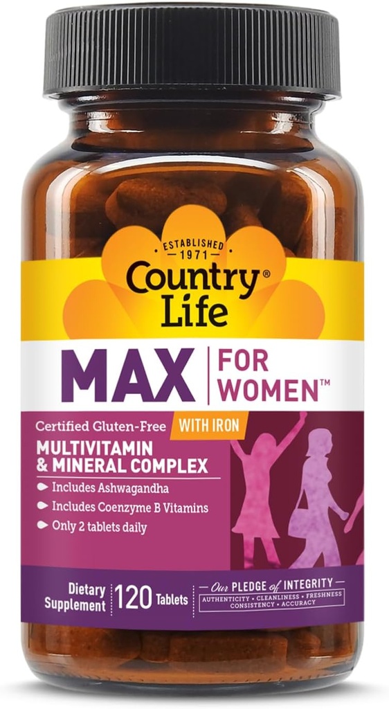 Country Life Max for kvinder - Multivitamin og mineralkompleks, Iron- fri - 120 tabletter